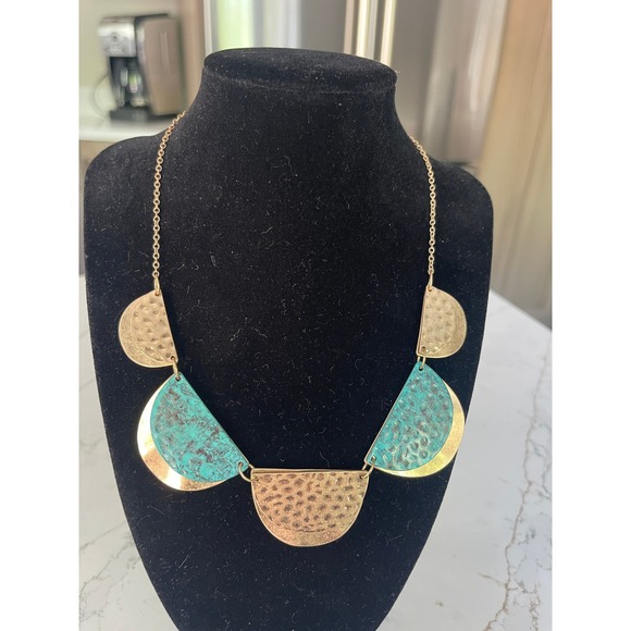 Jewelry - Gold Turquoise Patina Hammered Bib Necklace Matching Stud Earrings Set Boho